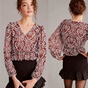 Anthropologie Burgundy and White Flowy cropped Blouse